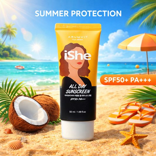 iShe All Day Sunscreen SPF 50+ PA++++ - Superior UV Protection for All Skin Types, 50ml